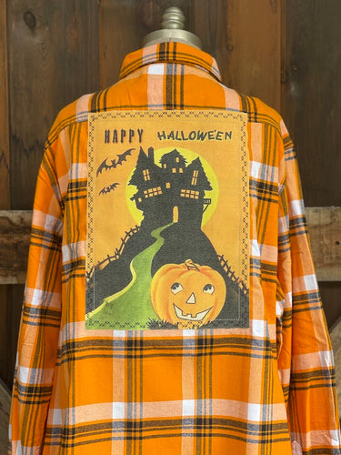 Haunted House Retro Halloween Flannel-Classic Candy Corn Plaid